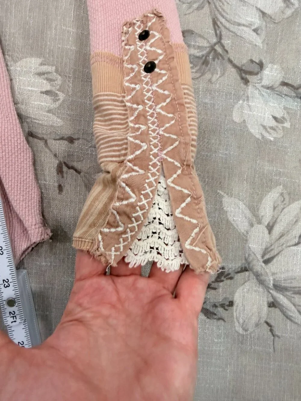 Free People We The Free Blush Pink Thermal Top Embroidered Mixed Media Cuffs XS